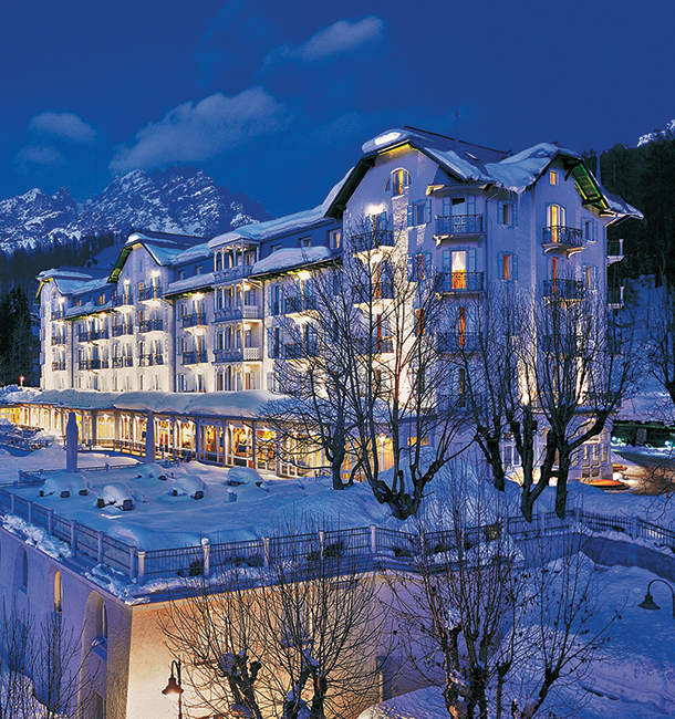 Exterior of Cristallo Hotel at night